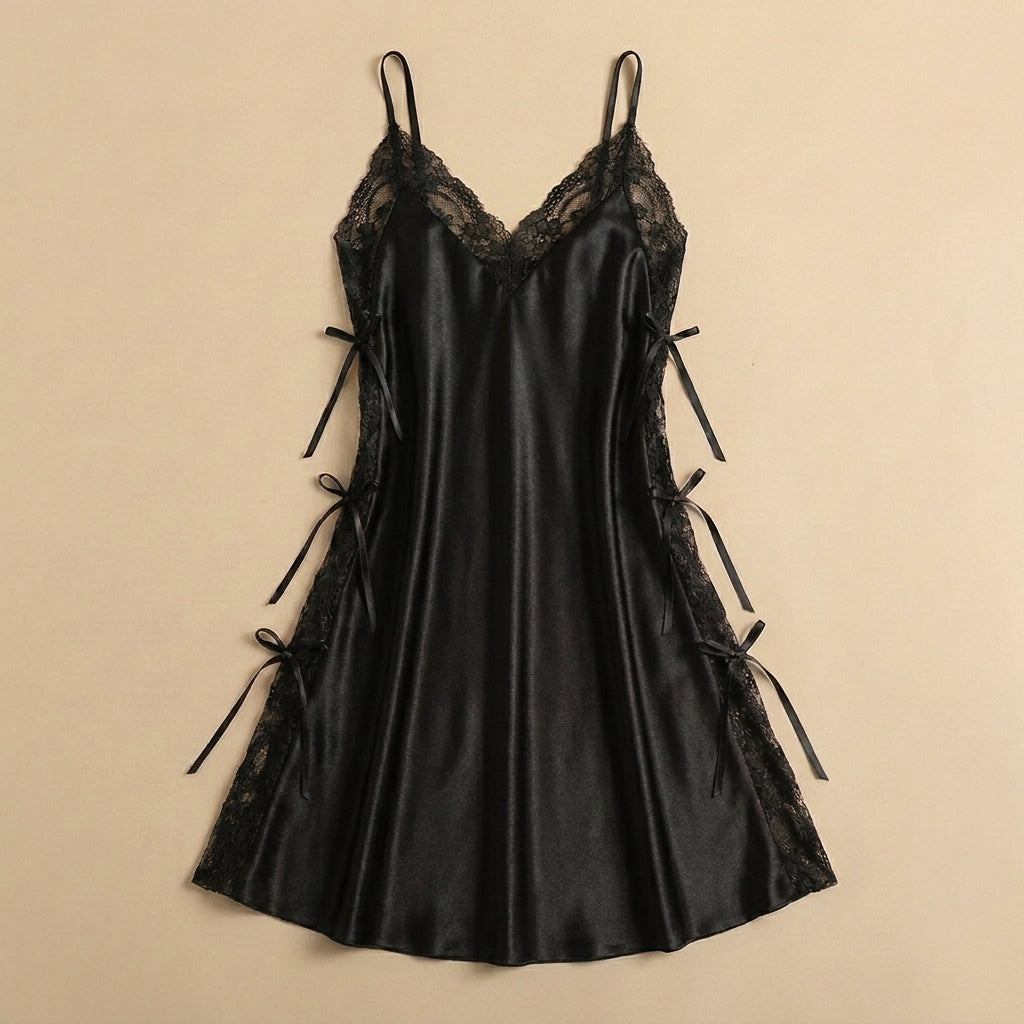 Satin Open-Back Slip Short Dress - Black 1819