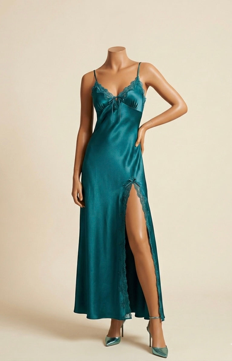 Emerald Whisper Long Satin Dress