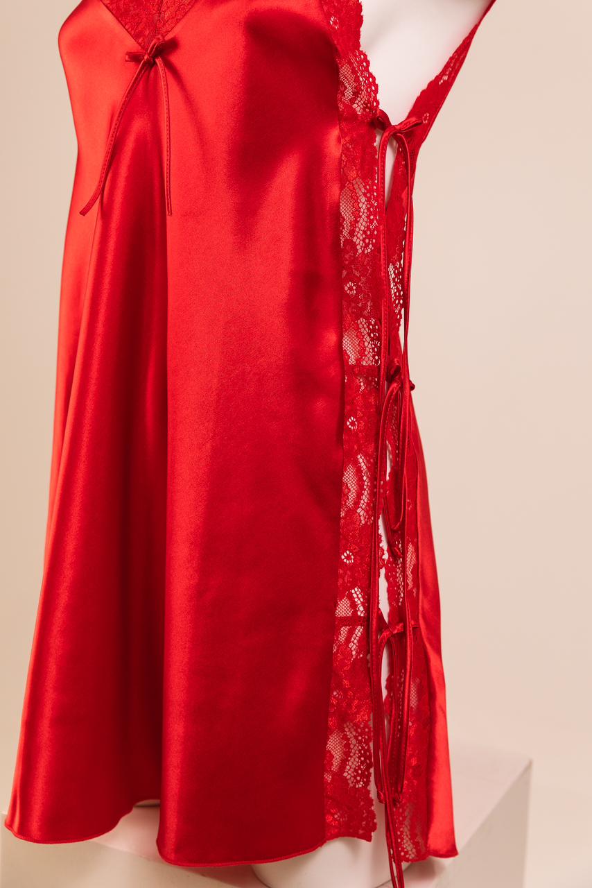 Satin Open-Back Slip Short Dress - Red 1819