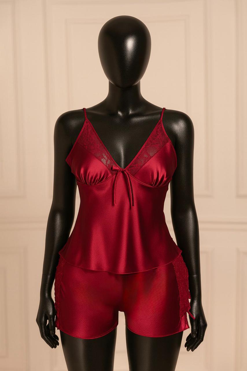 Satin Rose Lace-Trim Cami & Flutter Short Set