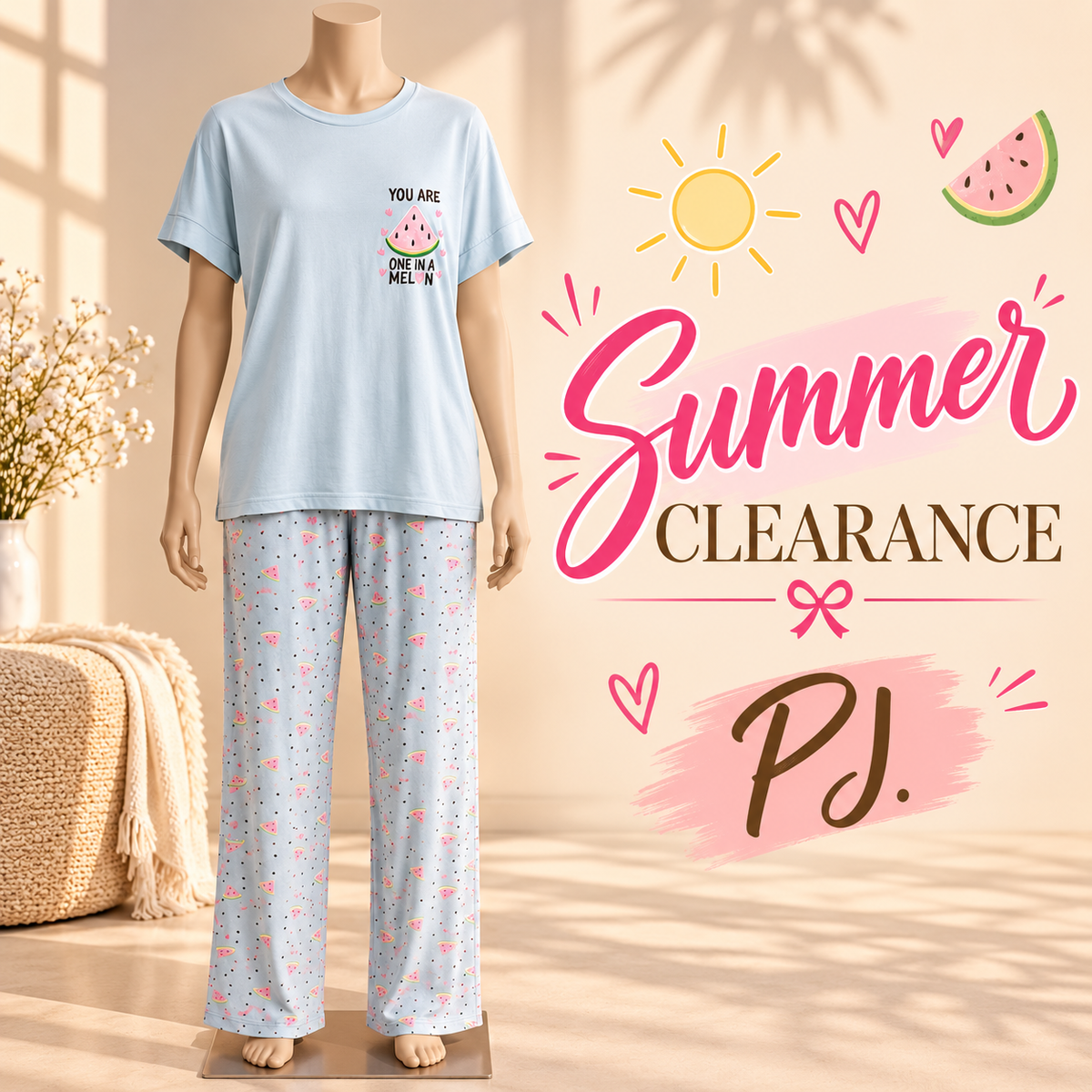 Sweet Summer Pajama Set With playful watermelon Bottoms 845