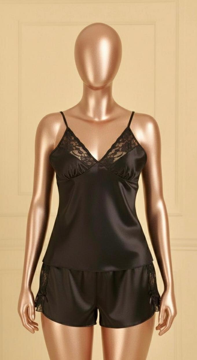 Satin Rose Lace-Trim Cami & Flutter Short Set