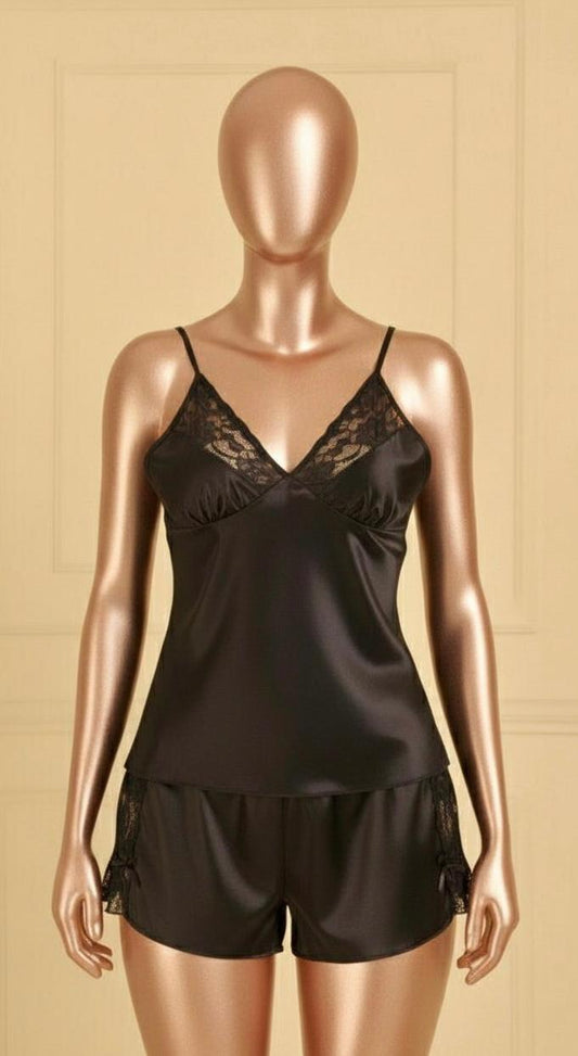 Satin Rose Lace-Trim Cami & Flutter Short Set