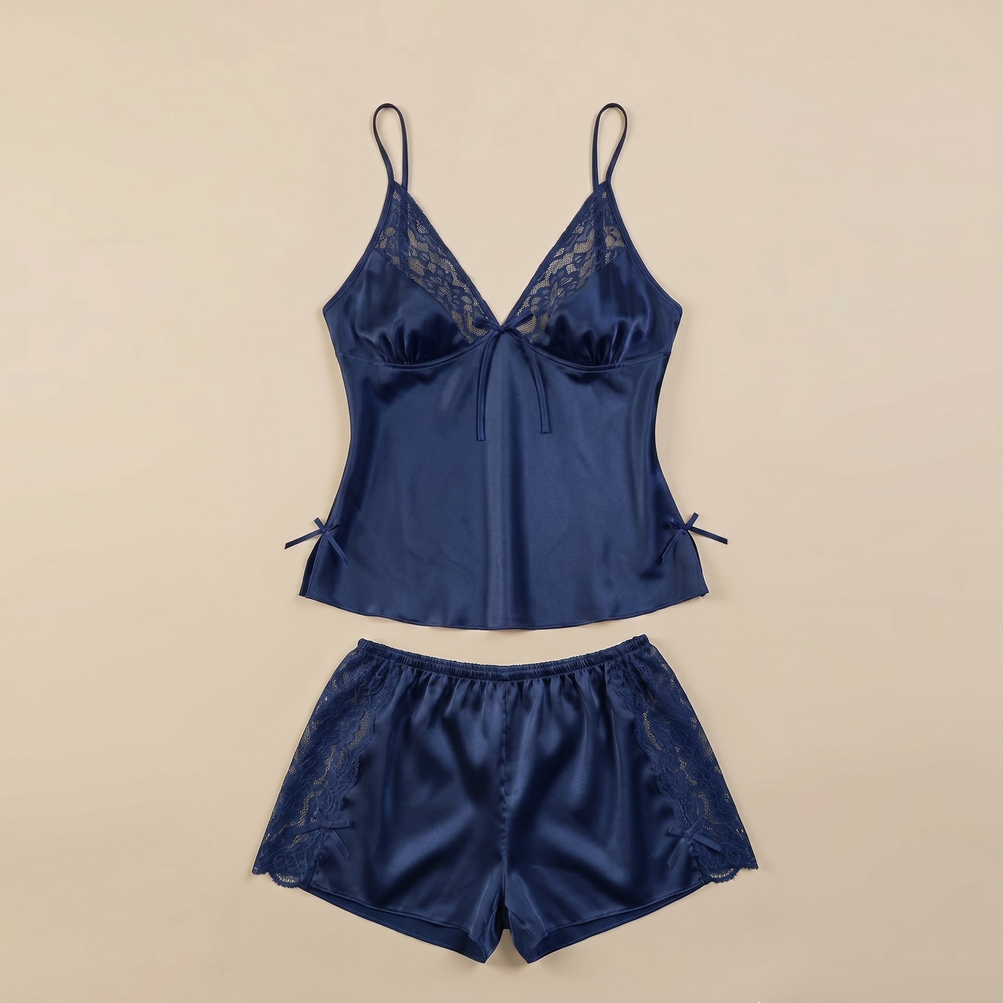 Satin Rose Lace-Trim Cami & Flutter Short Set - Navy 1925