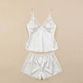 Satin Rose Lace-Trim Cami & Flutter Short Set - White 1925