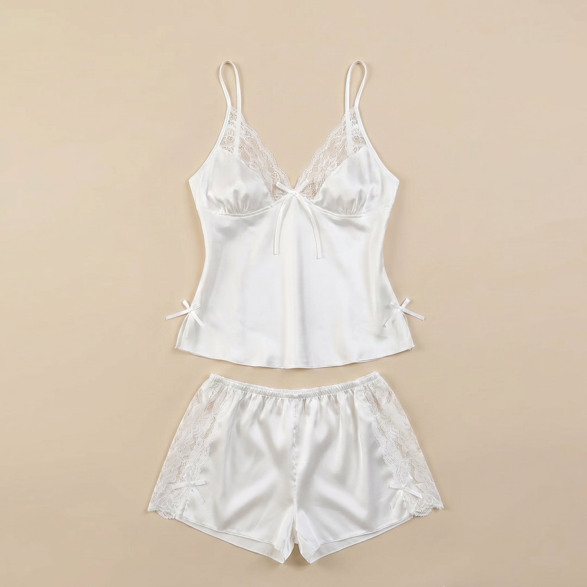 Satin Rose Lace-Trim Cami & Flutter Short Set - White 1925