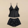 Satin Rose Lace-Trim Cami & Flutter Short Set - Black 1925