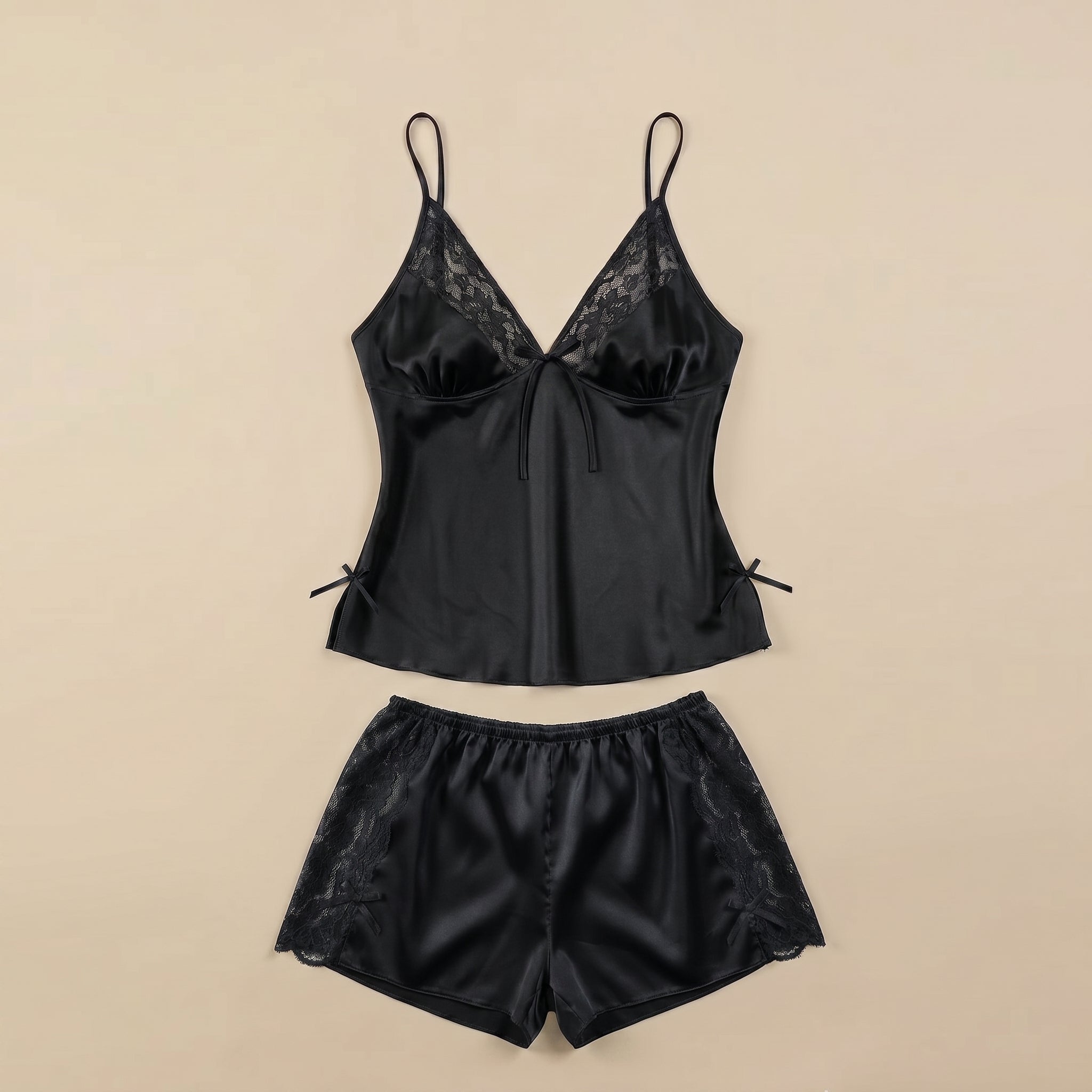 Satin Rose Lace-Trim Cami & Flutter Short Set - Black 1925