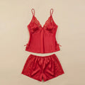 Satin Rose Lace-Trim Cami & Flutter Short Set - Red 1925