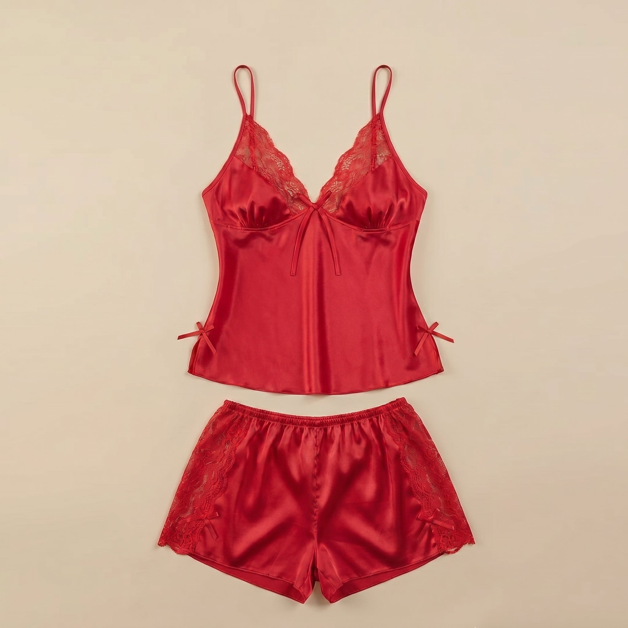 Satin Rose Lace-Trim Cami & Flutter Short Set - Red 1925