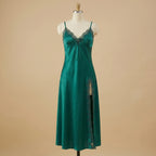 Emerald Whisper Long Satin Dress