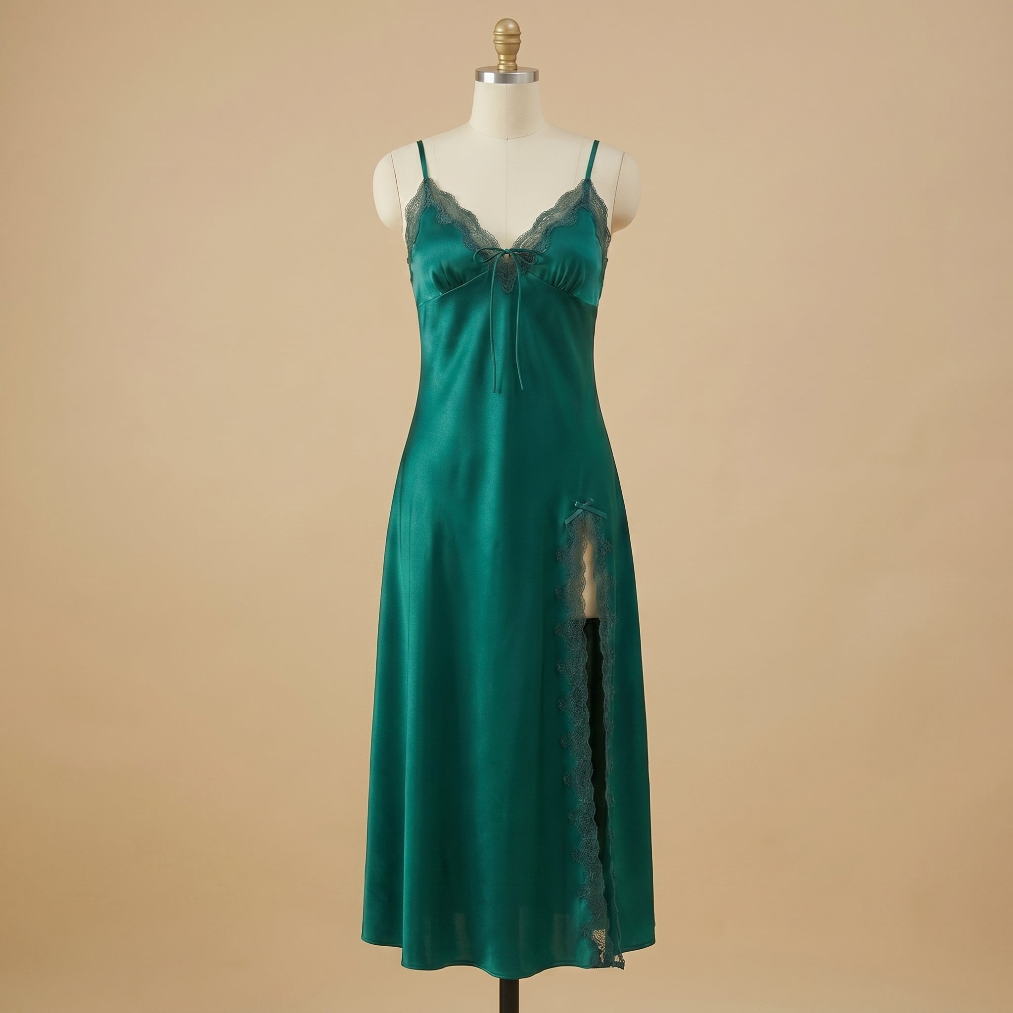 Emerald Whisper Long Satin Dress