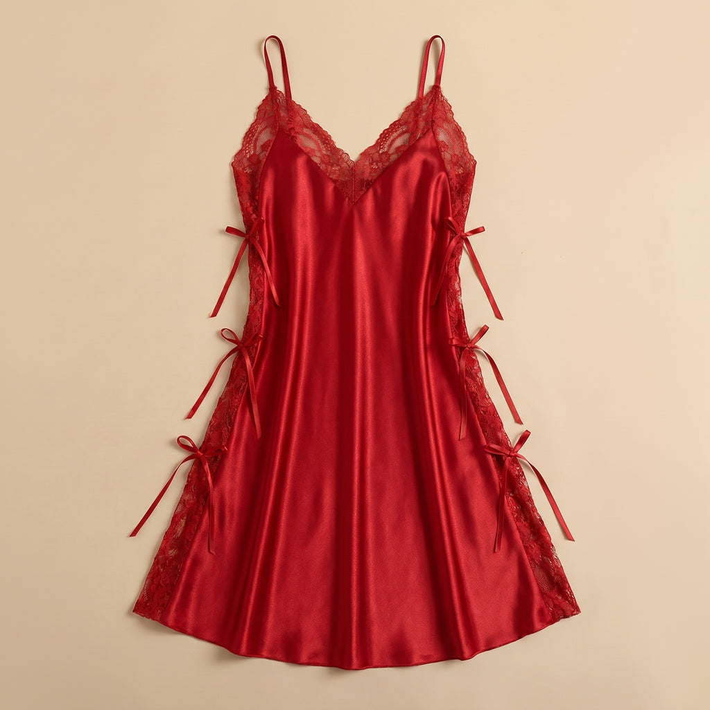 Satin Open-Back Slip Short Dress - Red 1819